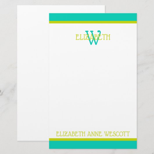 Turquoise en limoengroen monogram briefpapier (Voorkant / Achterkant)