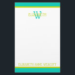 Turquoise en limoengroen monogram briefpapier<br><div class="desc">Deze leuke monogram briefpapier beschikt over een lijst van turquoise en felle limoengroen met een bijpassende turquoise en groene monogram dat u kunt personaliseren met uw keuze van naam en initiaal.</div>