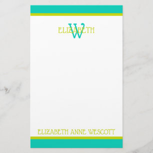 Turquoise en limoengroen monogram briefpapier