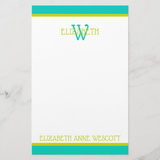 Turquoise en limoengroen monogram briefpapier (Voorkant)