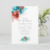 Turquoise en Living Coral Floral Wedding Kaart (Staand voorkant)