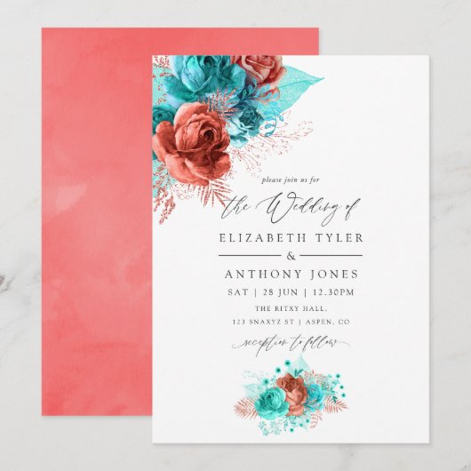 Turquoise en Living Coral Floral Wedding Kaart (Voorkant / Achterkant)