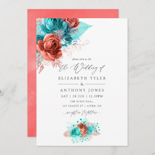 Turquoise en Living Coral Floral Wedding Kaart