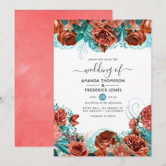Turquoise en Living Coral Rustic Floral Wedding Kaart (Voorkant / Achterkant)