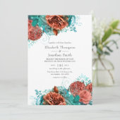 Turquoise en Living Coral Rustic Floral Wedding Kaart (Staand voorkant)