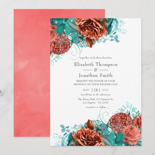 Turquoise en Living Coral Rustic Floral Wedding Kaart (Voorkant / Achterkant)