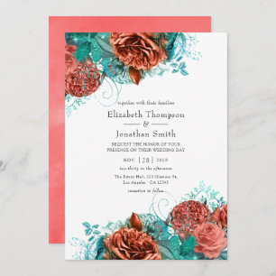 Turquoise en Living Coral Rustic Floral Wedding Kaart