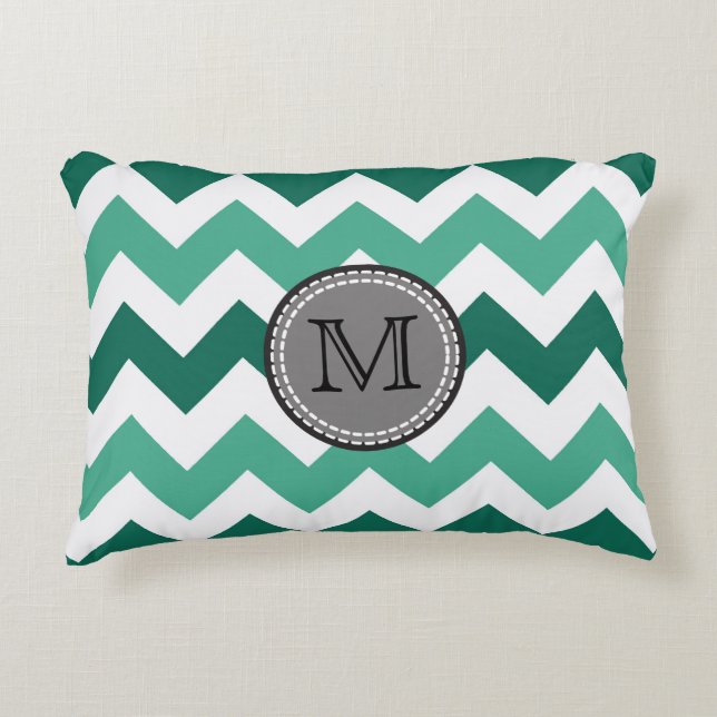 Turquoise en Mint Chevron Zigzag Monogram Accent Kussen (Voorkant)