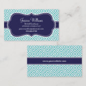 Turquoise en Navy Blauw Grieks Sleutelpatroon Visitekaartje (Voorkant / Achterkant)