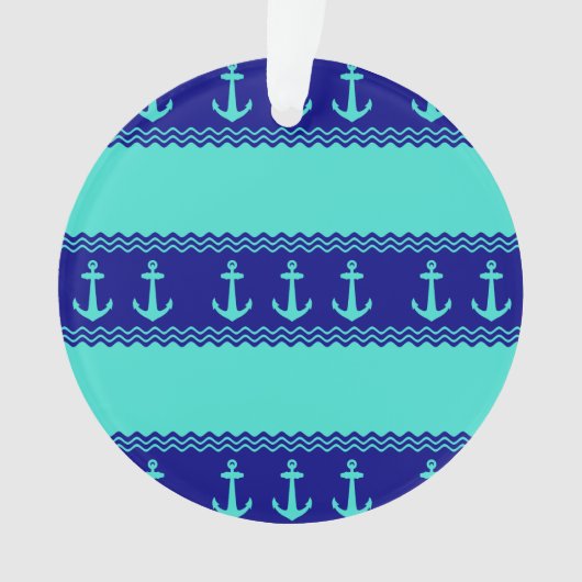 Turquoise en Navy Blue Coastal Pattern Anchors Ornament (voorkant)