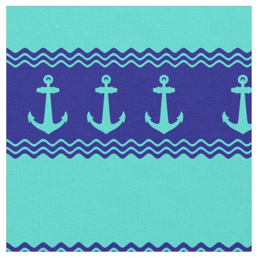 Turquoise en Navy Blue Coastal Pattern Anchors Stof (Close Up)