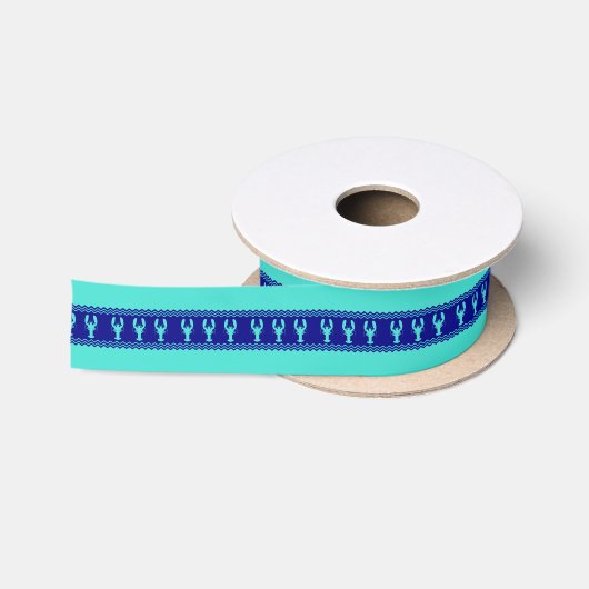 Turquoise en Navy Blue Coastal Pattern Lobster Satijnen Lint (Spoel)
