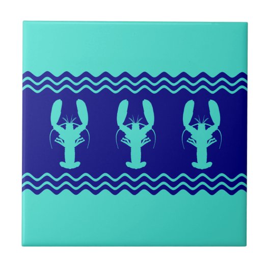 Turquoise en Navy Blue Coastal Pattern Lobster Tegeltje (Voorkant)