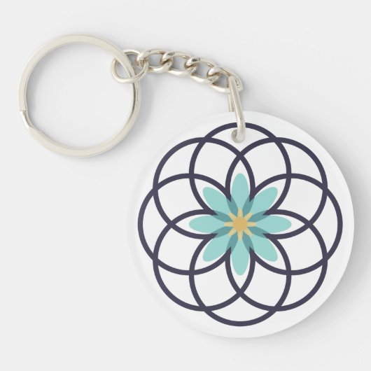 Turquoise en Navy Blue Flower Design Acrylic Sleutelhanger (Voorkant)