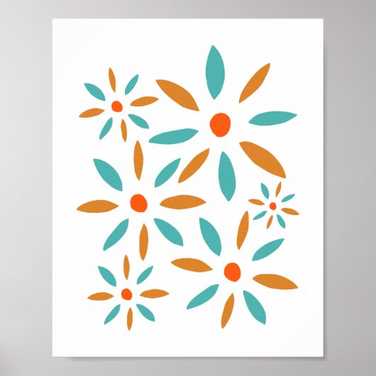 Turquoise en Oranje Abstracte bloemen Poster (Voorkant)