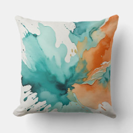 Turquoise en oranje abstracte waterverf kussen