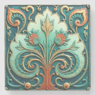 Turquoise en Oranje Bloemen Ornament Stone Onderze Stenen Onderzetter