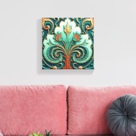 Turquoise en oranje bloemornament canvas afdruk