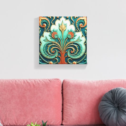 Turquoise en oranje bloemornament canvas afdruk (Insitu (Woonkamer))