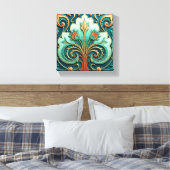 Turquoise en oranje bloemornament canvas afdruk (Insitu (Slaapkamer))