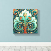 Turquoise en oranje bloemornament canvas afdruk (Insitu (Houten vloer))