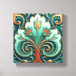 Turquoise en oranje bloemornament canvas afdruk