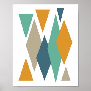 Turquoise en Oranje Diamanten Mid Century Retro Poster