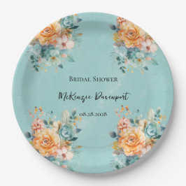 Turquoise en Oranje Peony Chic Vrijgezellenfeest Papieren Bordje