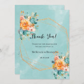 Turquoise en Oranje pioen bruiloft dank u kaart (Voorkant / Achterkant)