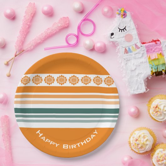 Turquoise en Oranje streep Papieren Bordje (Feest)