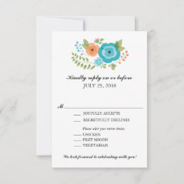 Turquoise en Oranje zomerbloemen bruiloft RSVP