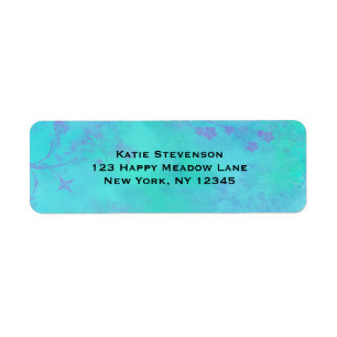 Turquoise en Paars Abstract met Faded Flowers Etiket