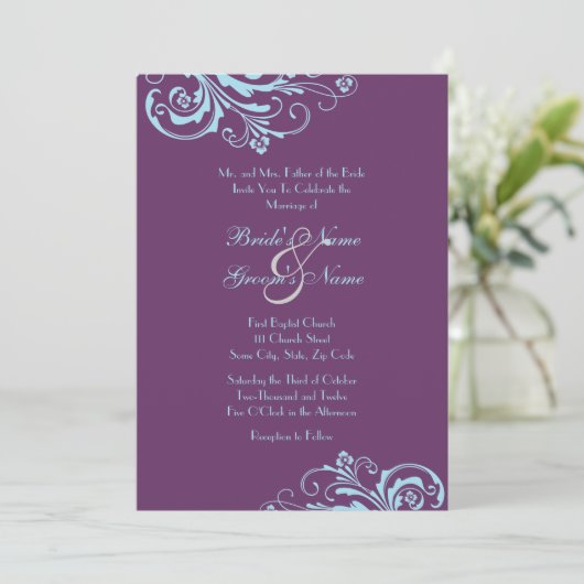 Turquoise en Paarse Chic Wedding Invitation Kaart (Staand voorkant)