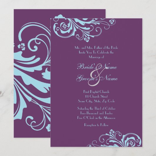 Turquoise en Paarse Chic Wedding Invitation Kaart (Voorkant / Achterkant)