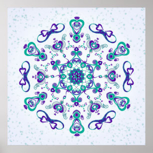 Turquoise en Paarse harten en vogels — Kunst afd Poster