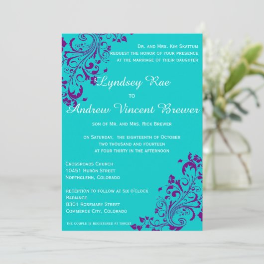 Turquoise en Paarse huwelijksuitnodiging Kaart (Staand voorkant)