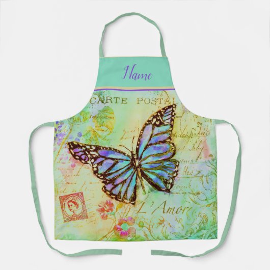 Turquoise en paarse vlinder schort (Voorkant)
