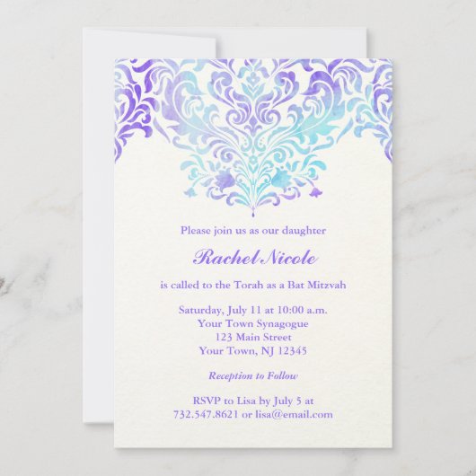 Turquoise en Paarse Waterverf Damask Bat Mitzvah Kaart (Voorkant)