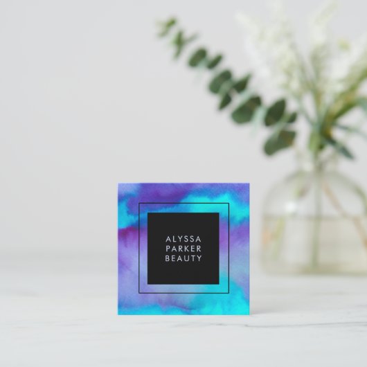 Turquoise en Paarse Waterverf Splash met zwart Vierkante Visitekaartje (Staand voorkant)