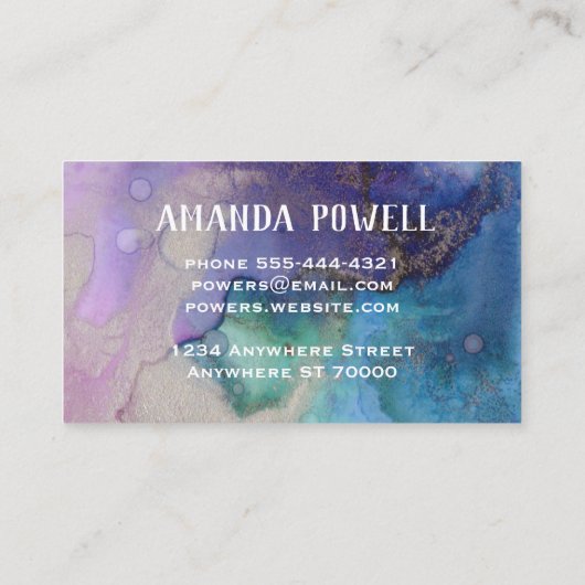 Turquoise en paarse  waterverf visitekaartje (Achterkant)