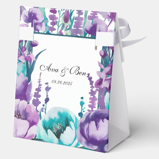 Turquoise en Paarse Wildflowers Wedding Bedankdoosjes (Achterkant)