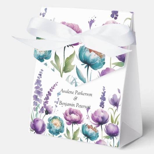 Turquoise en Paarse Wildflowers Wedding Bedankdoosjes (Voorkant)