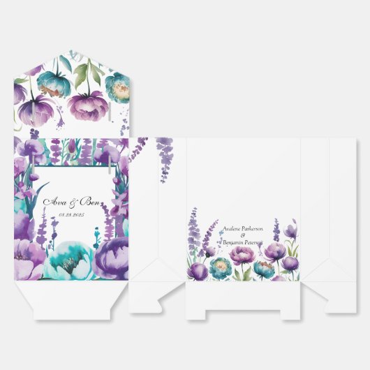 Turquoise en Paarse Wildflowers Wedding Bedankdoosjes (Ongevouwen)