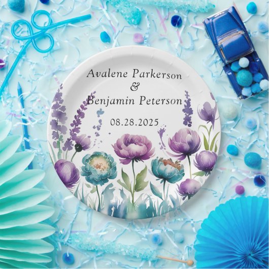 Turquoise en Paarse Wildflowers Wedding Papieren Bordje (Feest)