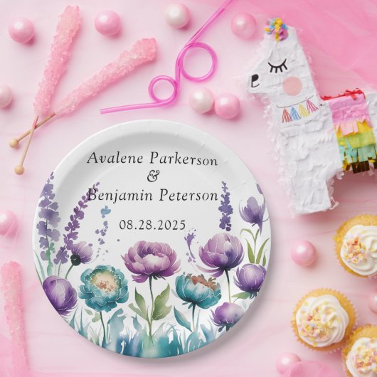 Turquoise en Paarse Wildflowers Wedding Papieren Bordje (Feest)