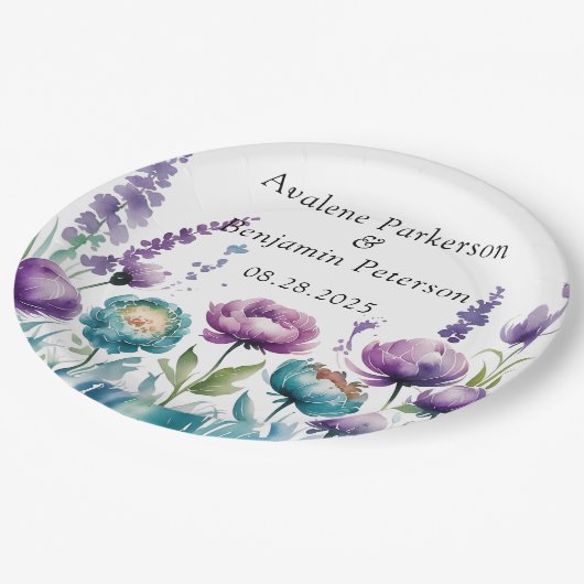 Turquoise en Paarse Wildflowers Wedding Papieren Bordje (Gekanteld)