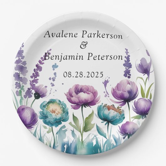 Turquoise en Paarse Wildflowers Wedding Papieren Bordje (Voorkant)