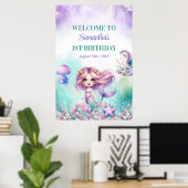 Turquoise en paarse zeemeermin 1e verjaardag welko poster (Thuiskantoor)