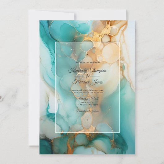 Turquoise en Patina Alcohol Inkt Bruiloft Kaart (Voorkant)