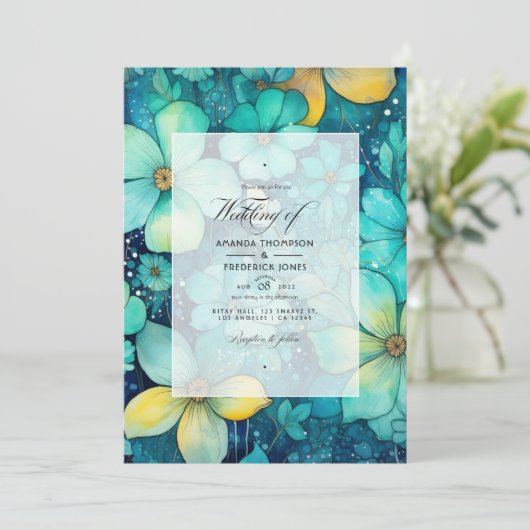 Turquoise en Patina bloemenbruiloft Kaart (Staand voorkant)
